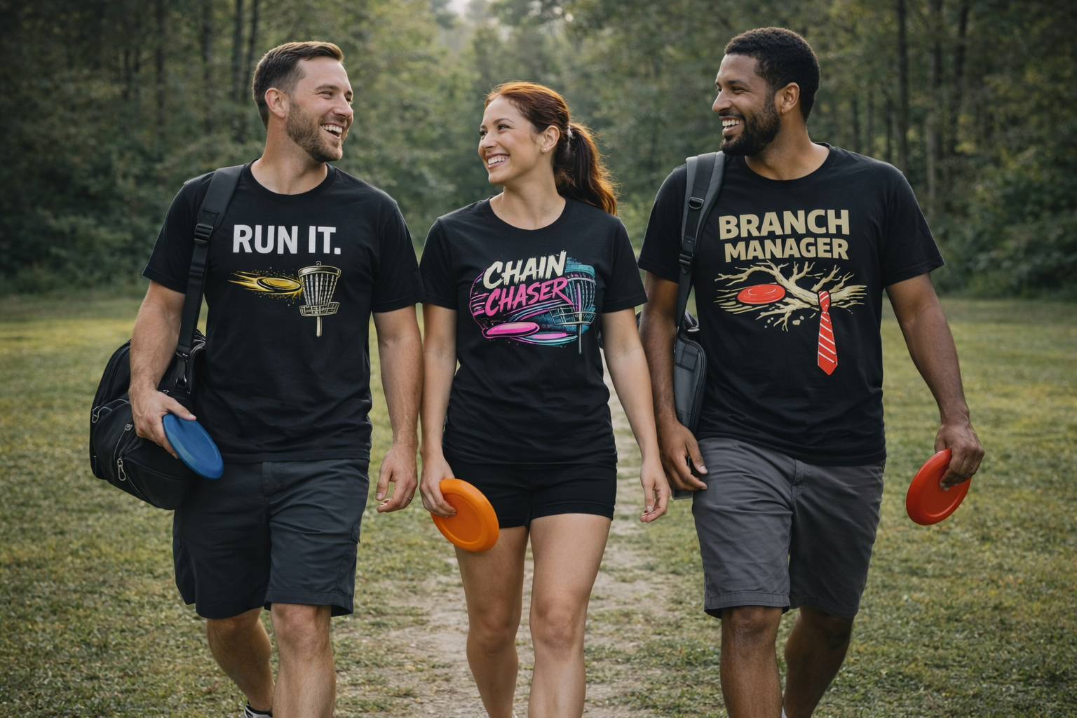 Three disc golfers walking off a wooded course smiling, wearing black Chain Chaser, Run It, and Branch Manager disc golf shirts